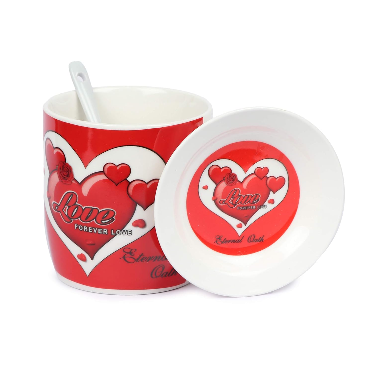 Chand love printed mugs with plate and spoon set for gifts Ceramic Coffee Mug